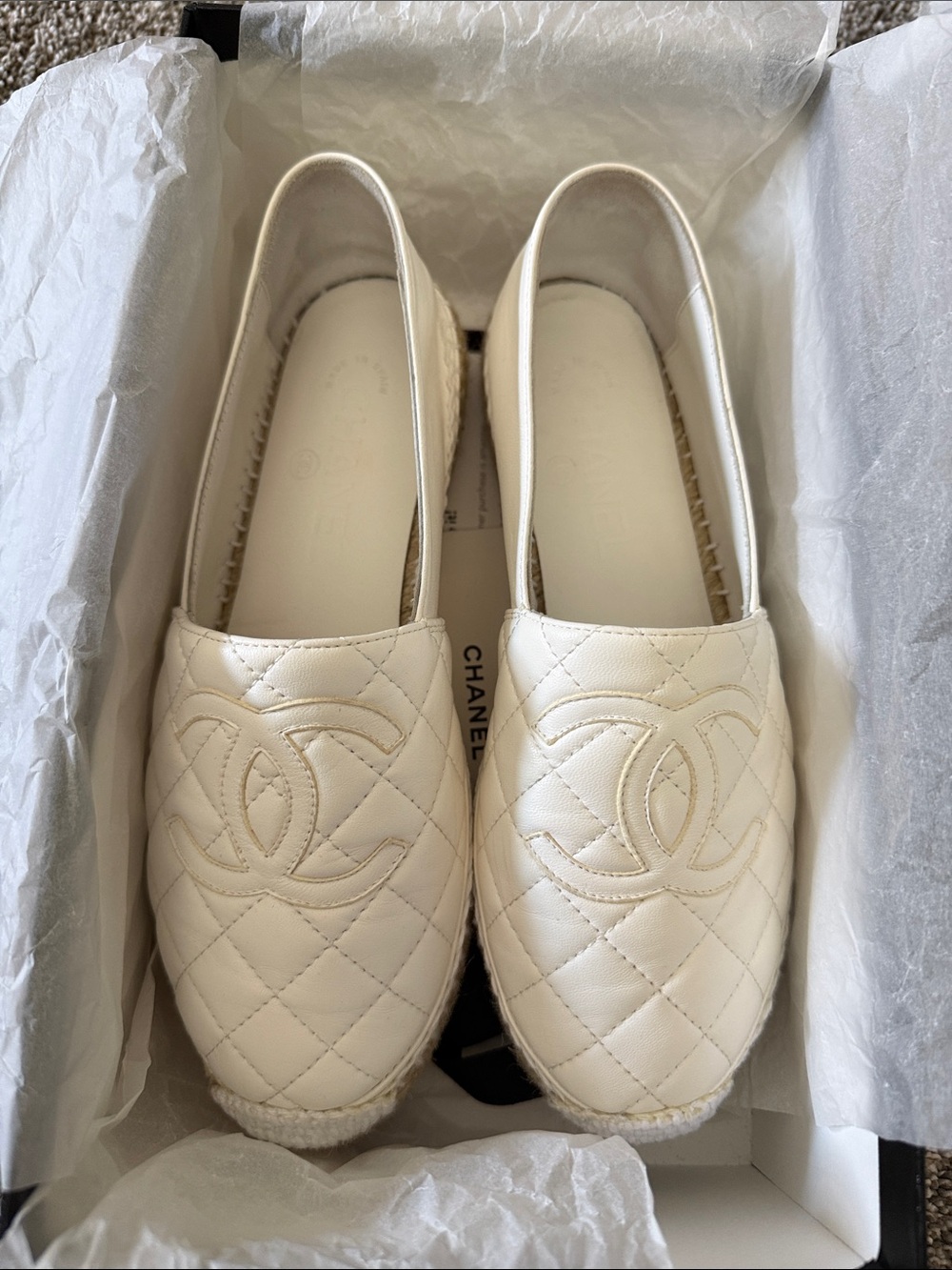 CHANEL Cream Quilted Espadrille Flats